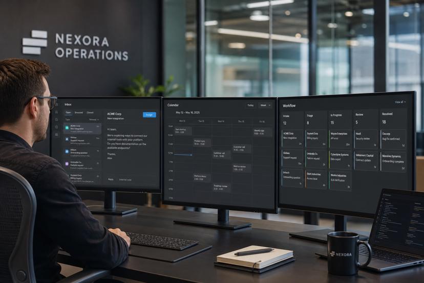 Operations desk with connected screens showing inbox, calendar, and workflow status