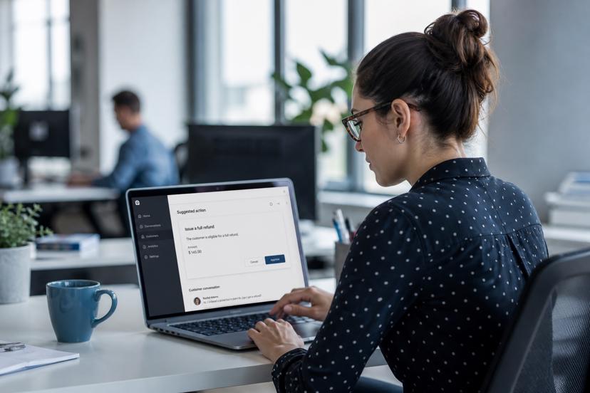 Frontline operator reviewing a suggested action on a laptop before approving it