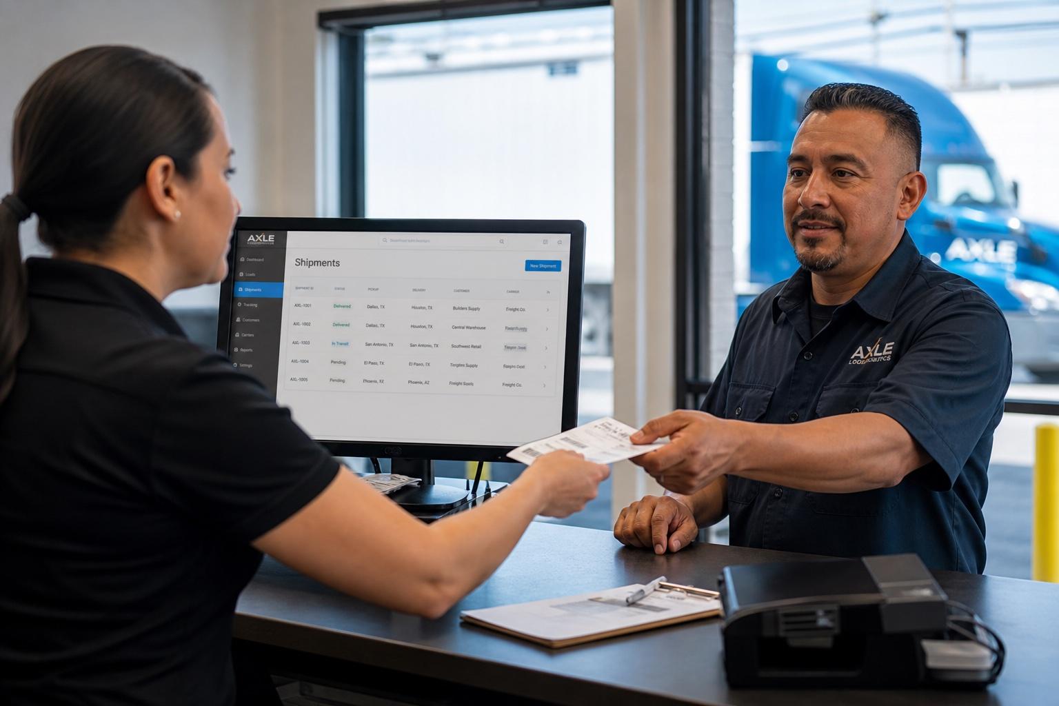 Clinic front desk with a workflow management screen in an industry operations setting